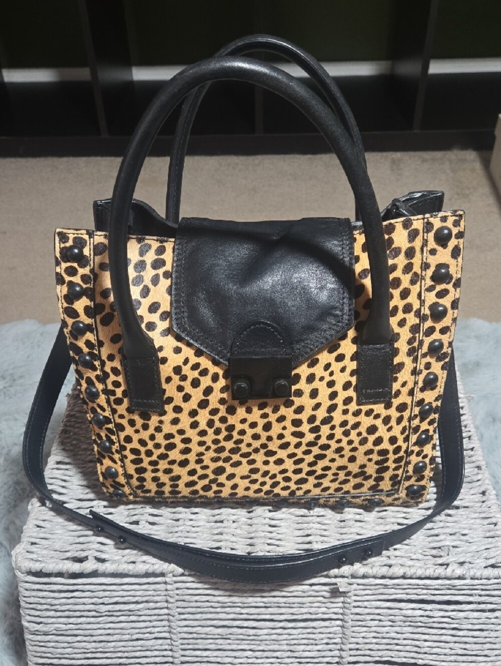 Loeffler Randall Leopard Cheetah Satchel Black & Tan Calf Hair